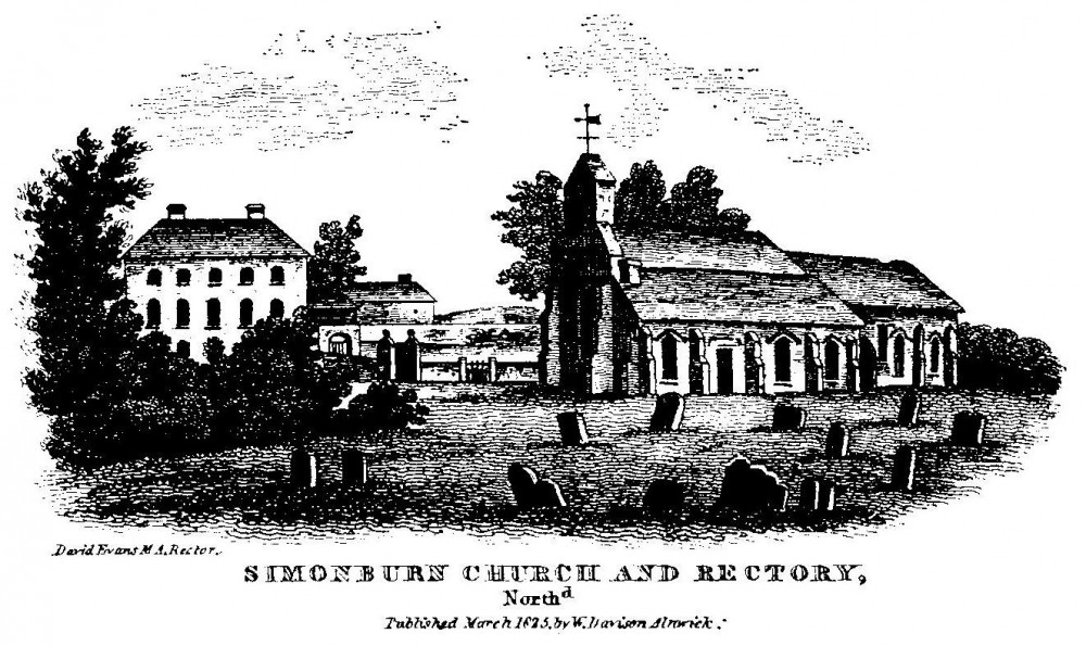 Old print of Simonburn Church and Rectory, published 1825